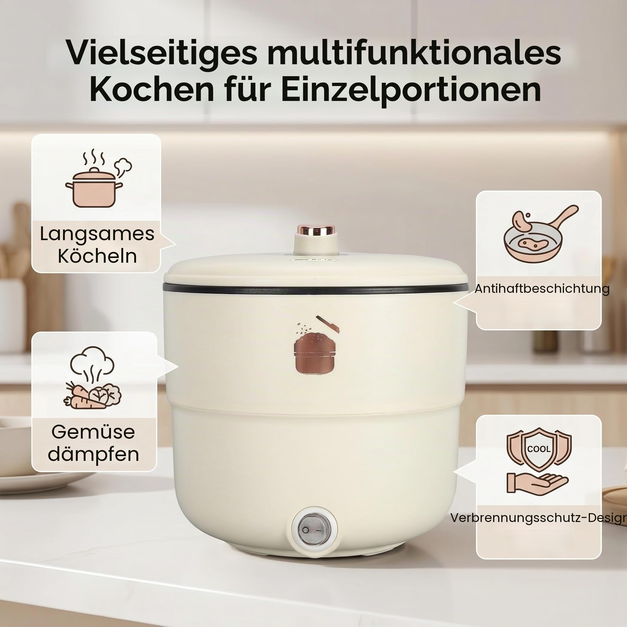 1,8L Elektrischer Heißer Topf, Doppelschicht Hitzeschutz, zum Kochen Dämpfen,Antihaft Kochtopf, Tragbarer Elektrischer Hot Pot, Kochkochtopf für Nudelnsuppe Gedämpft, für Schlafsäle und Büros
