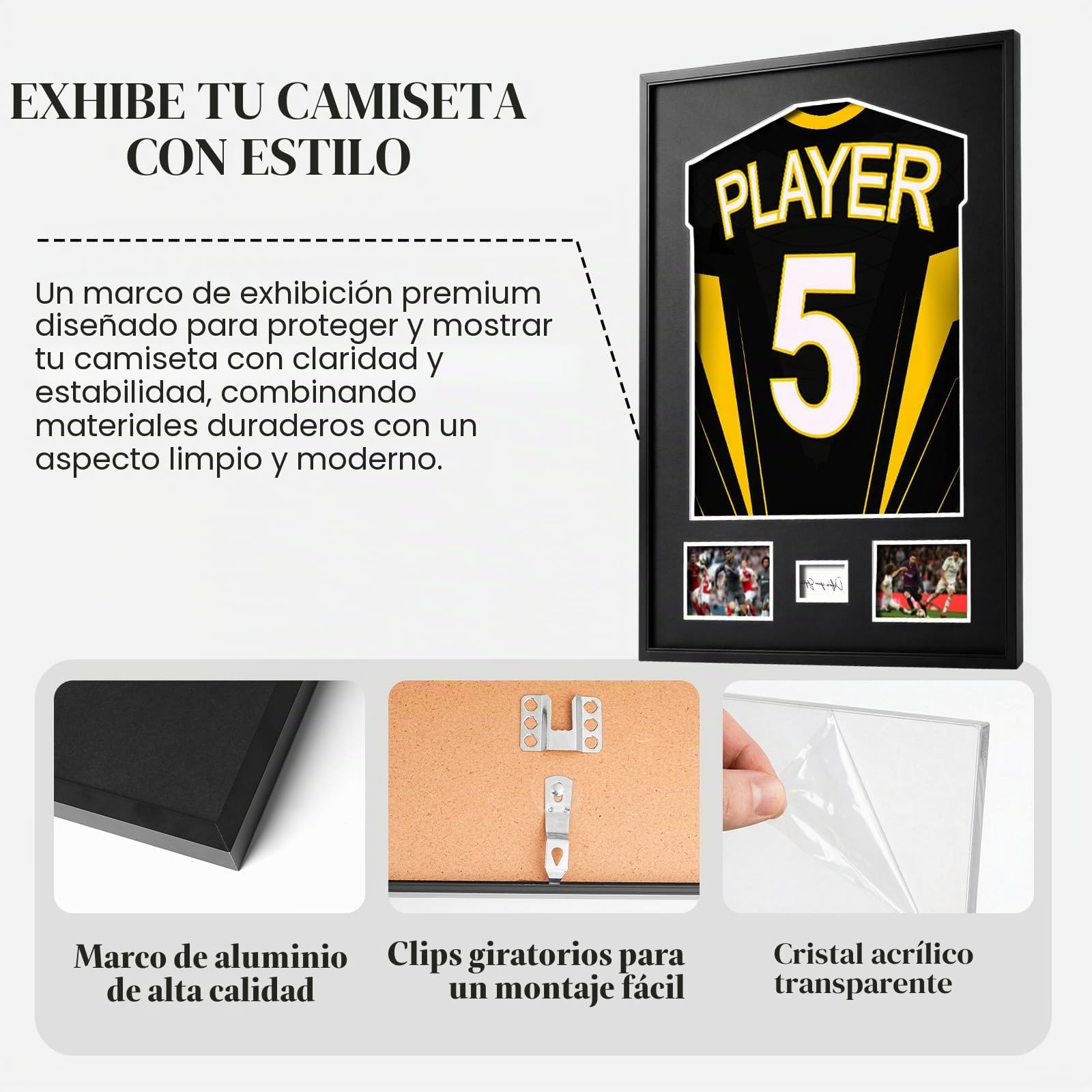 Marco para Camisetas de Fútbol 60x80 cm Marco Camisetas Futbol 3D de Aluminio con Plexiglás Irrompible para Camiseta Firmada Vitrina Expositora, Cuadro Deportivo para Colección y Regalo