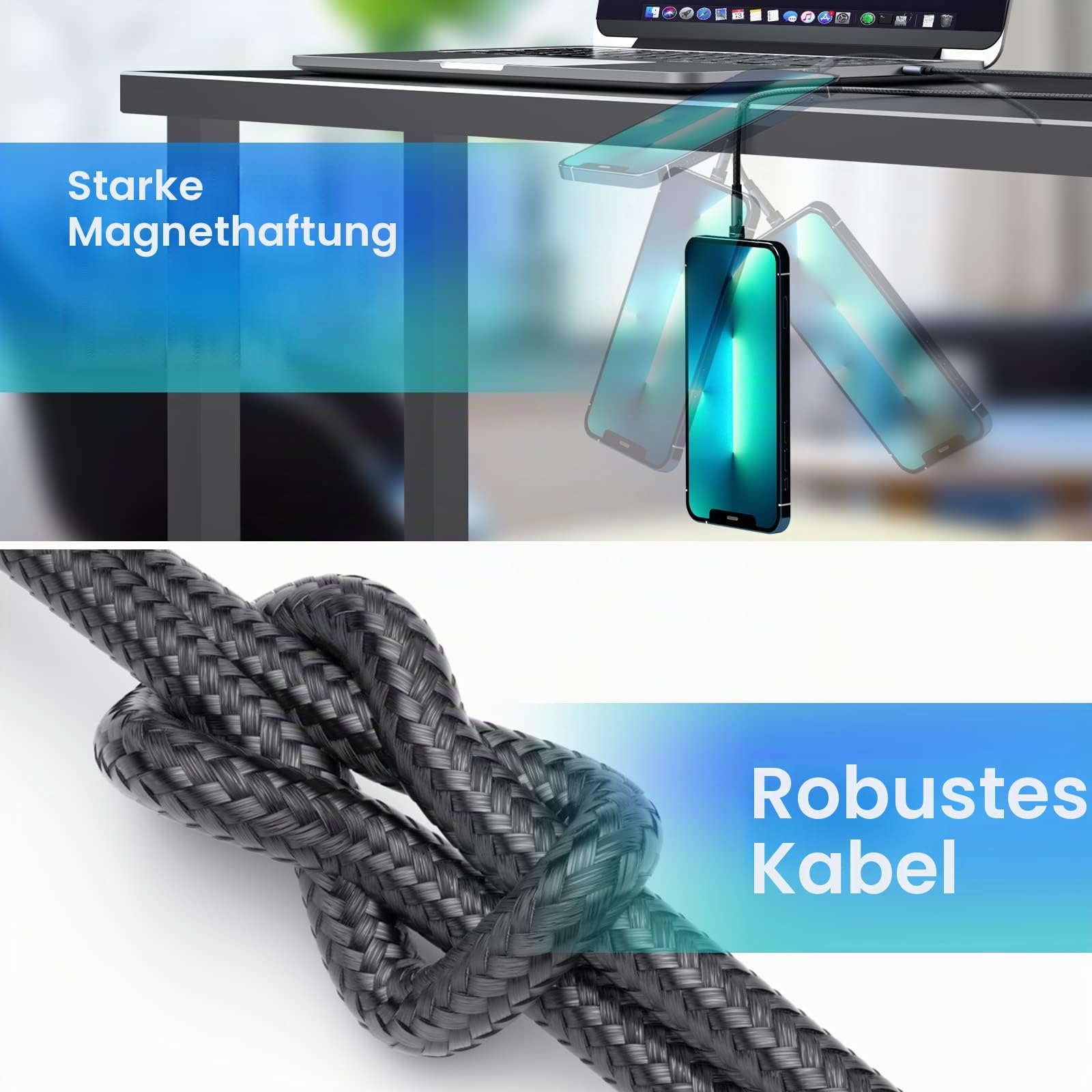 Ankndo Magnetisches Ladekabel [5er-Pack, 3/3/6/10/10FT] 3-in-1 magnetisches Handy-Ladegerät, 360° & 180° drehbar, magnetisches Ladekabel mit LED-Licht, USB C und i-Produkt-Geräte, Schwarz