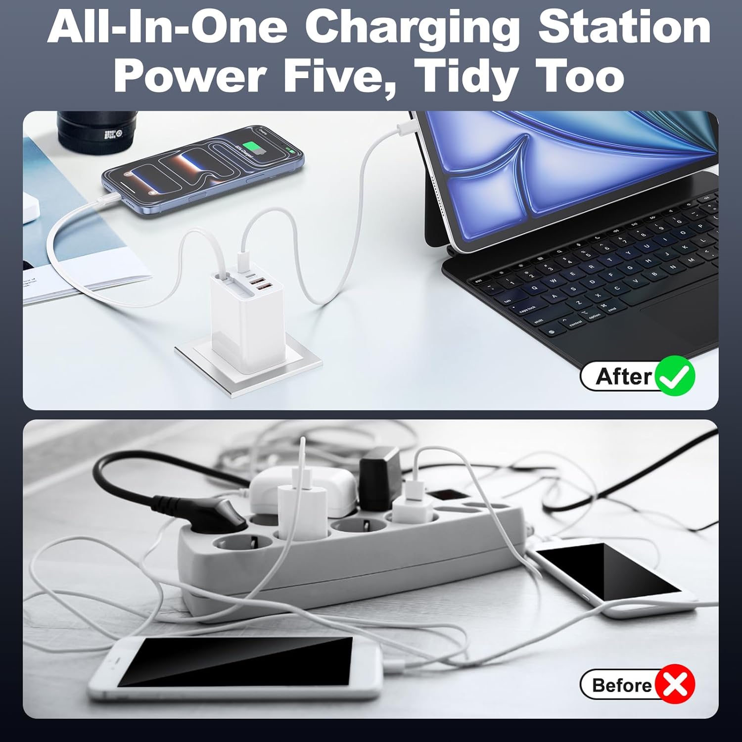 2Pack 5-in-1 Retractable Phone Charger, 5-Port USB C Charger Block, Phone Chargers Fast Charging with USB C Cable, Retractable Wall Charger with Foldable Plug for 17/16/15 Pro Max,iPad,Galaxy,Pixel - Image 4