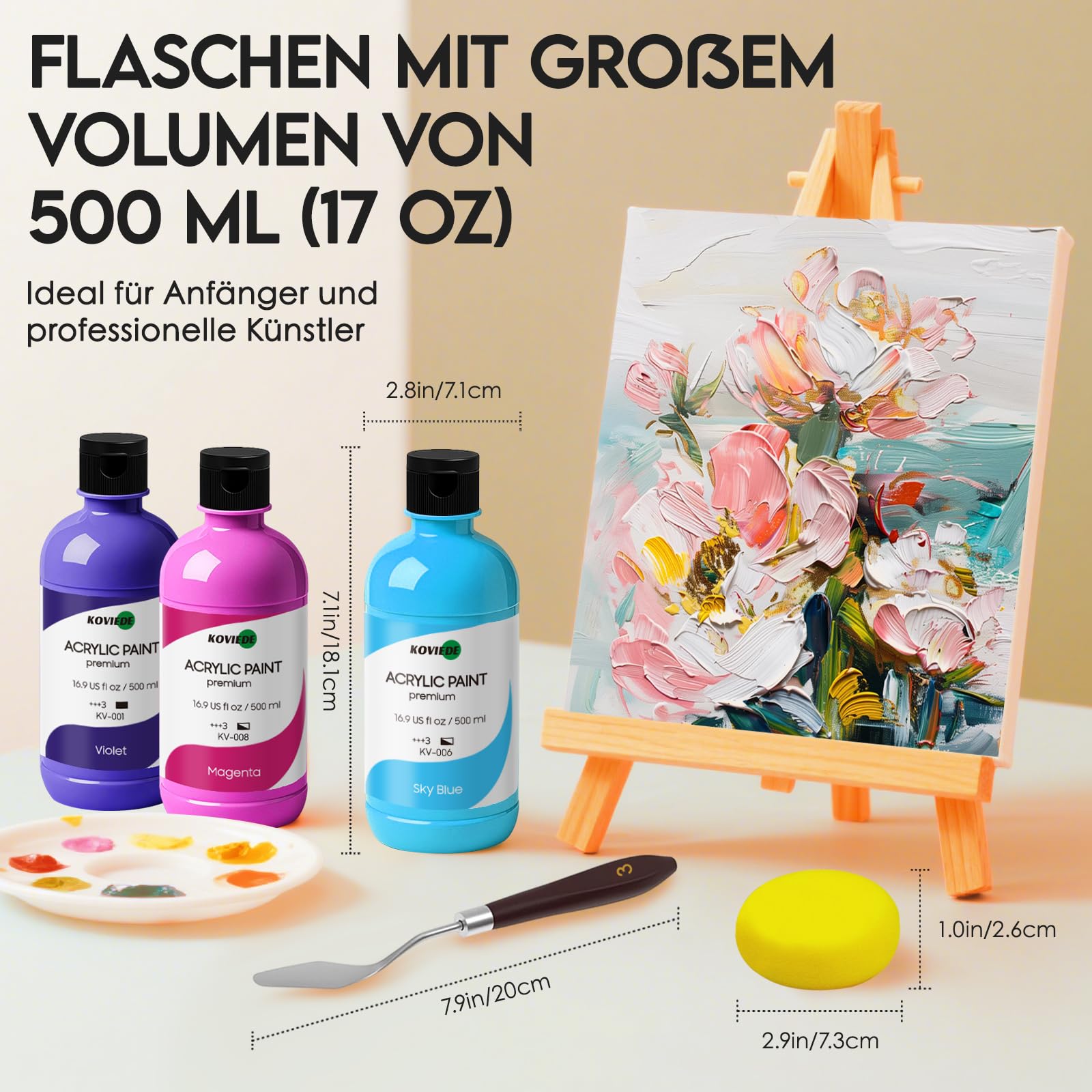 15-Farben Acrylfarben Set 15 x 500ml Große Flasche Ungiftig Wasserfest und Lichtecht Acrylfarbe für Leinwand, Holz, Stoff Stein und Bastelprojekte