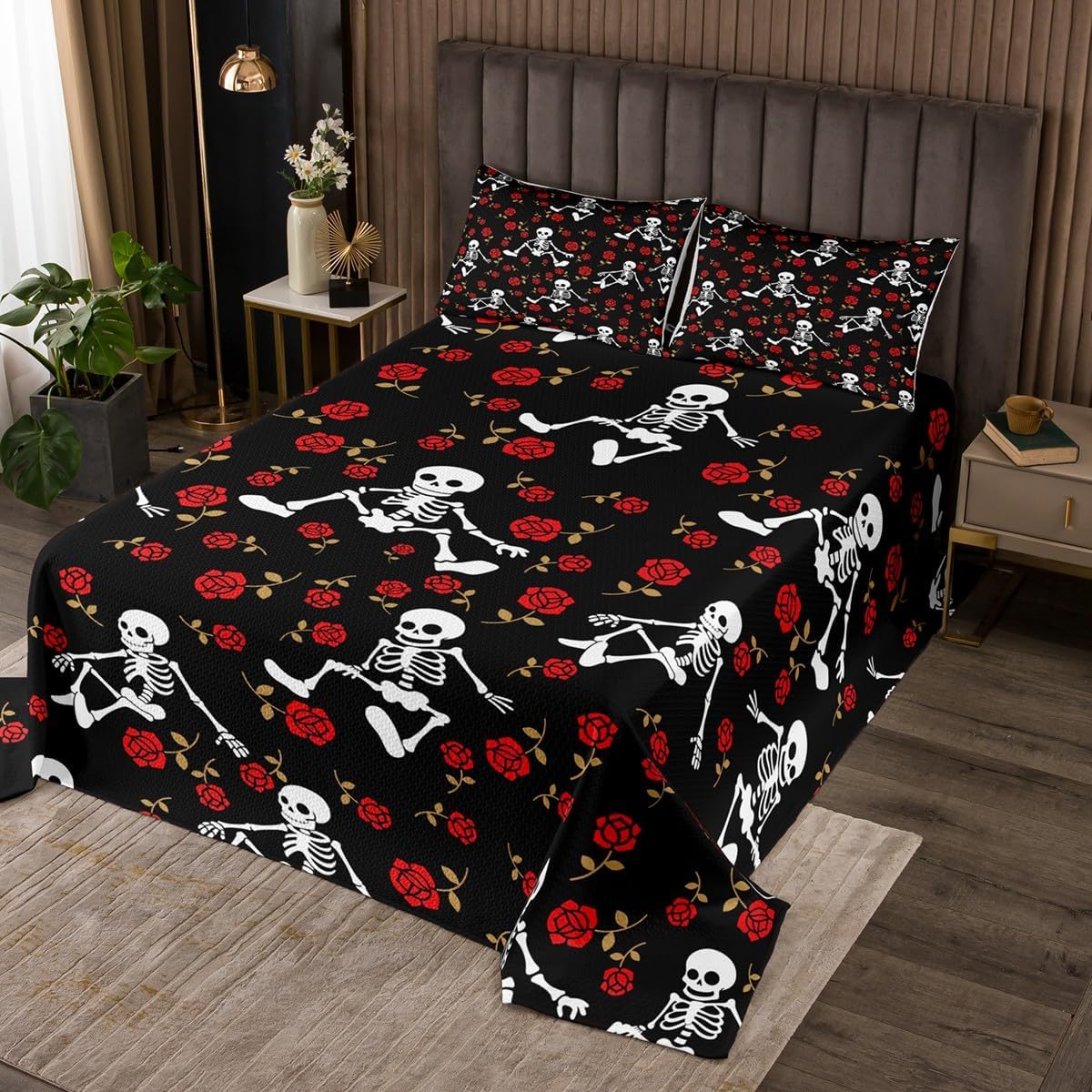 Erosebridal Sugar Skull Bedspread Set Funny Skeleton Halloween Decorations Indoor,Red Rose Flowers Quilt Set King Size,Black and White Coverlet Set Red Rose Flowers Halloween Decor