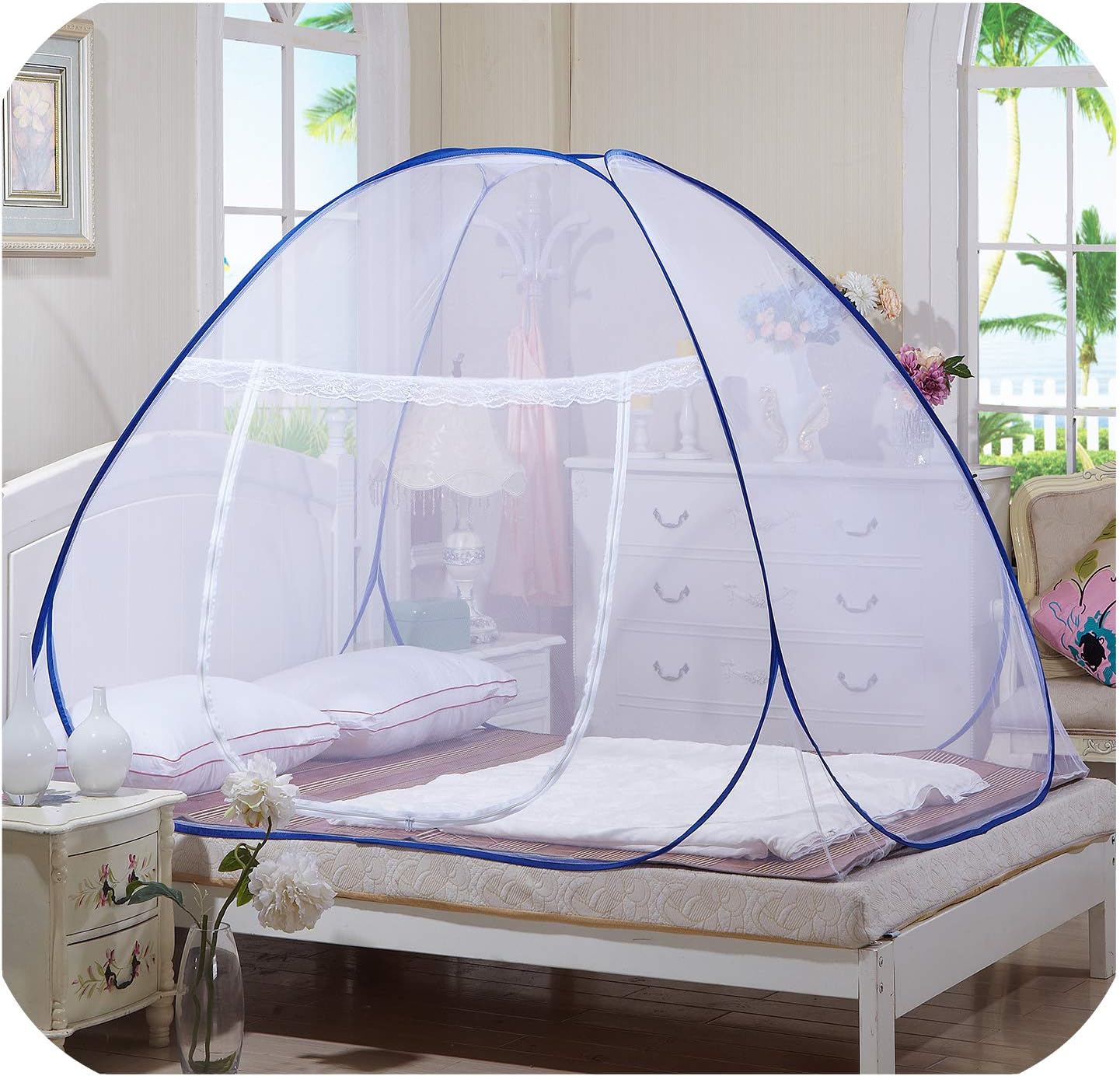 Mosquito Nets, Outdoor Mongolian Yurt Dome Net Free Installation and Folding Nets, Prevent Insect Pop Up Tent Curtains for Beds Bedroom (150*200*150cm, White)