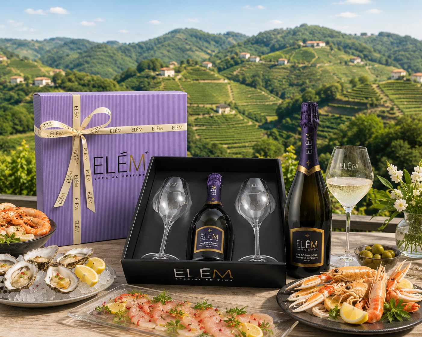 ELÈM Prosecco Valdobbiadene DOCG Superiore + 2 Copas Vino Espumoso Italiano - 1 Botella X 750ml