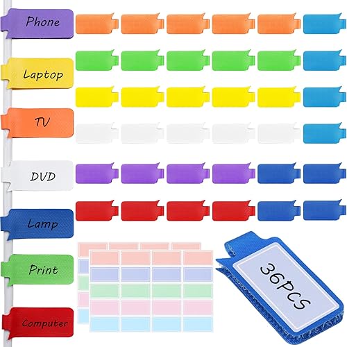 36 etiquetas grandes para cables 8 colores reutilizables para escribir etiquetas de alambre para electrónica, con 40 etiquetas adhesivas,