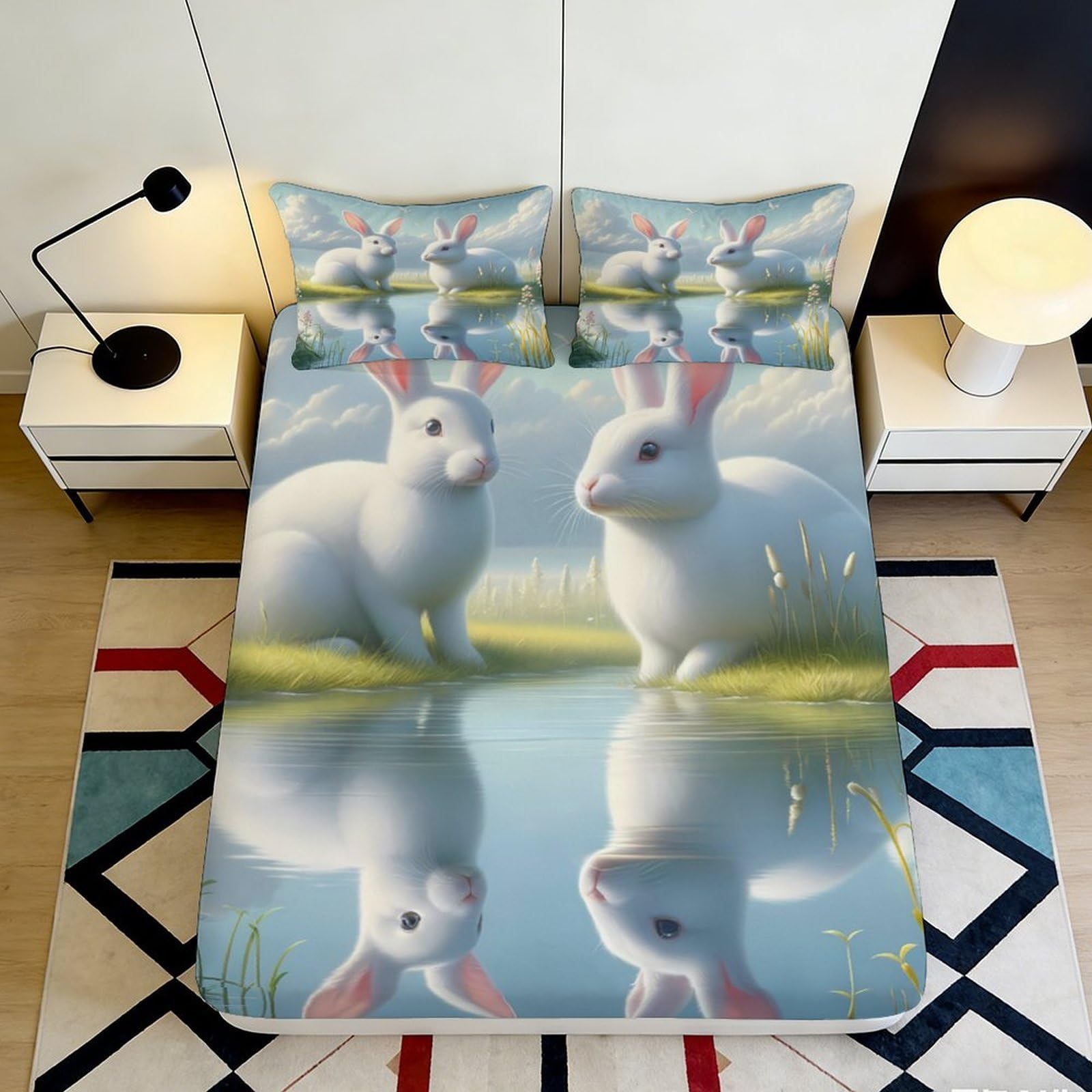 Decorative Rabbit Fitted Sheet, 3D Printed, Microfiber soft touch, Dustproof, Bedroom, Guest Room Bedding, Easy Care, Bed Cover 90x200x25cm
