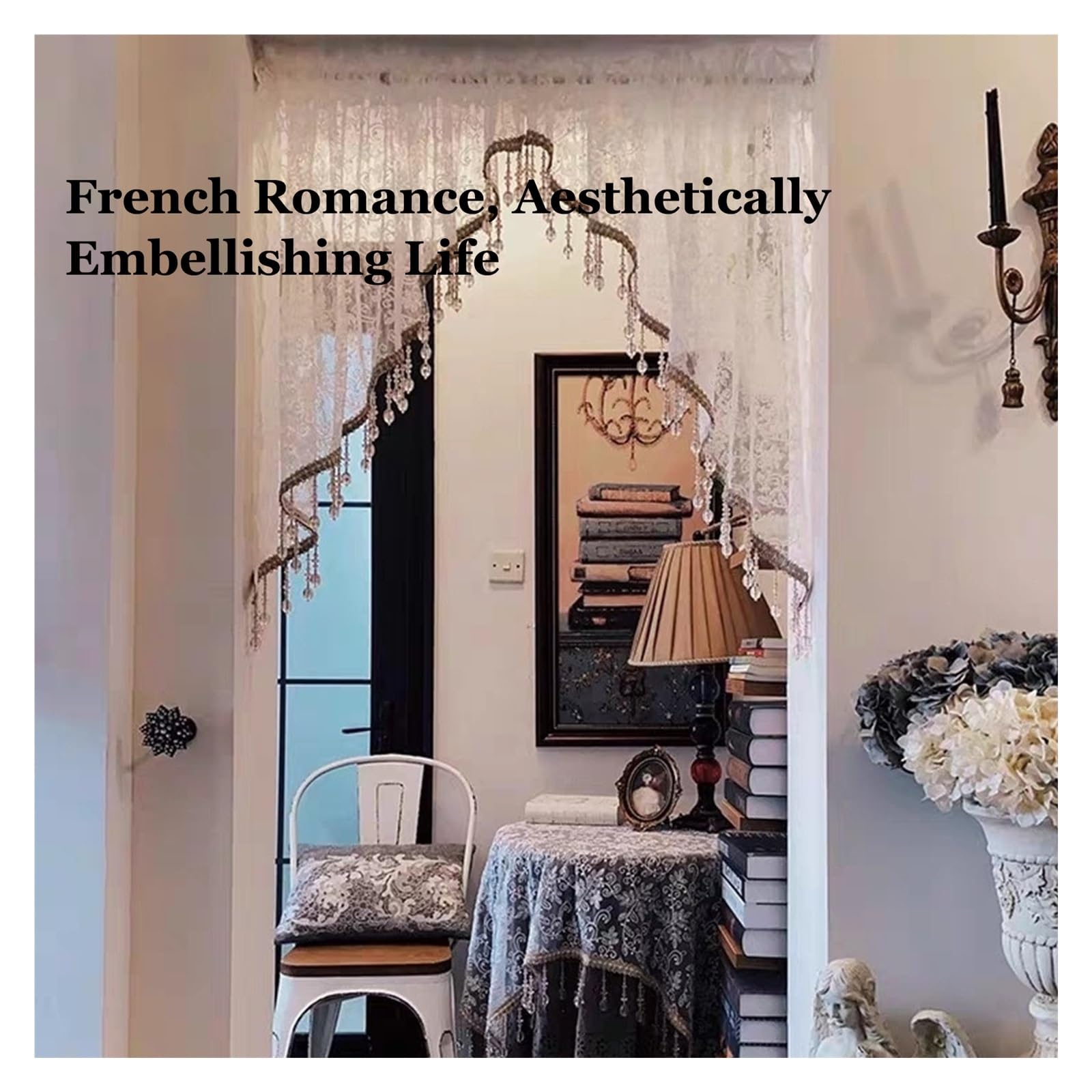 Rideaux de porte d'entrée de chambre, rideaux de porte perlés, rideau séparateur de pièce français, rideaux triangulaires, ourlet en strass, broderie florale, for la décoration intérieure(85-150cm)