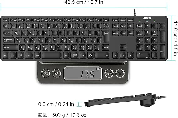 Arteck USB Wired Wired Keyboard with 7-Color Backlight, Brightness Change, Full Size, 6ft Approx. 1.8 Meters Cord, with Number Pad, Compatible with Computer, Desktop, PC, Laptop, Windows 11/10/8/7