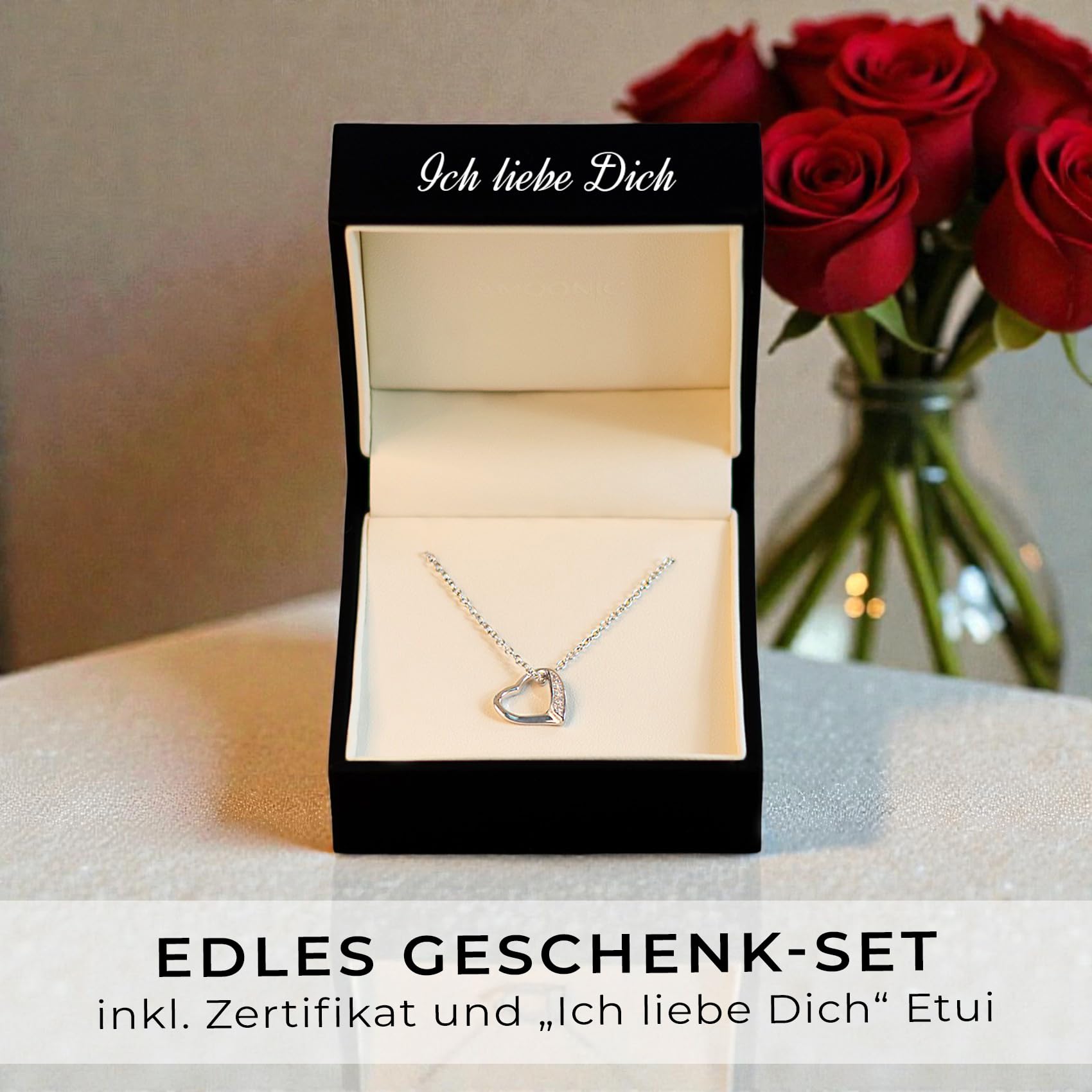 Amoonìc Herzkette Silber 925, Halskette Damen verstellbar 45-50cm | Herzanhänger "Ich liebe Dich" Echt Silber mit Steinen, Kette Damen mit Herz, Frauen Schmuck Geschenk für Sie Mama Freundin