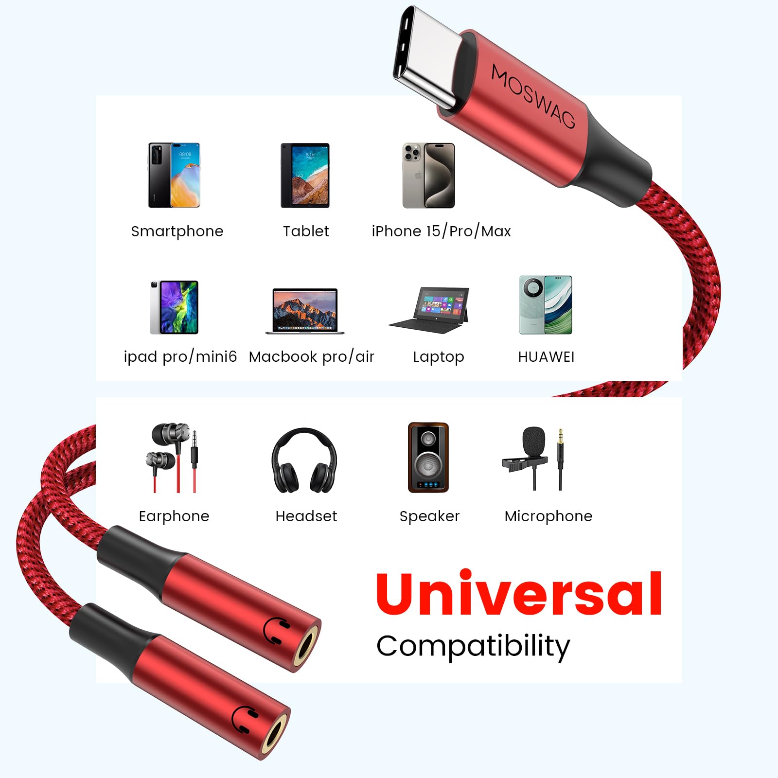 MOSWAG Splitter Cuffie Audio da USB C Aux da 3,5 mm, cavo Audio a Y a 2 vie ad alta risoluzione compatibile con iPad Samsung S23 S22 Google Pixel 7 6 Pro 5