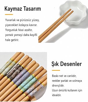 Valkyrie 10 Çift Mermer Desenli Bambu Yemek Çubuğu Seti 20 Adet Kaymaz Uçlu Kutulu Chopstick