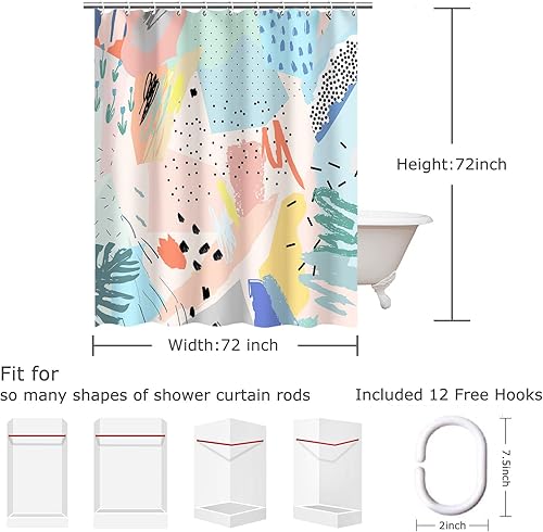 Miniatura 10 de RosieLily Juego de cortina de ducha para niños con 12 ganchos, cortina de ducha con círculos de lunares de acuarela, impermeable, lavable,