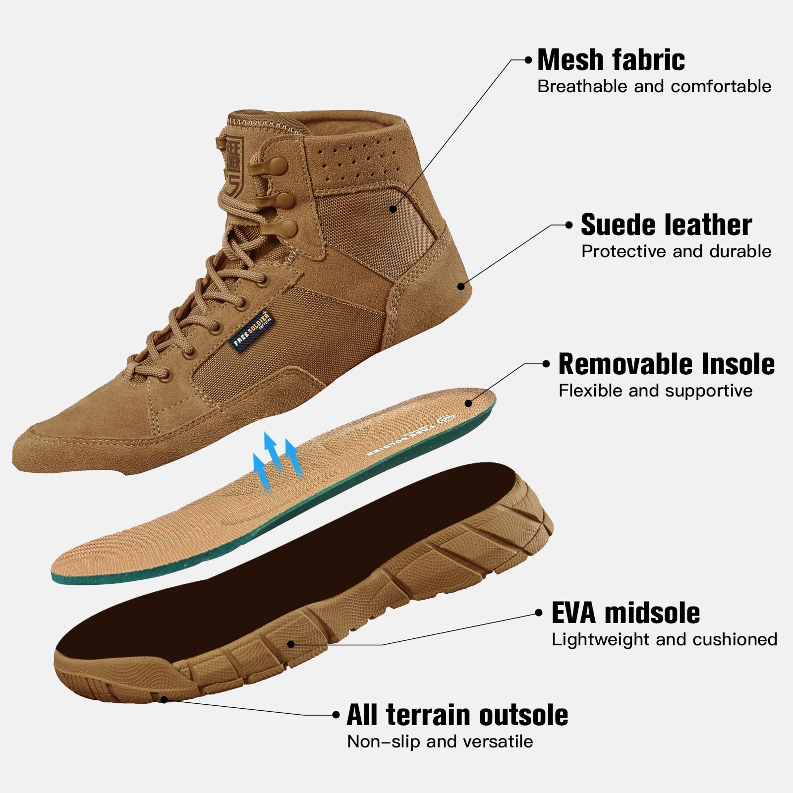 FREE SOLDIER Stivali da Uomo Ultraleggeri Stivali da Lavoro Tattici Militari 6" inch High-Tops Stivali da Neve Traspiranti Traspiranti per Camminare a Piedi