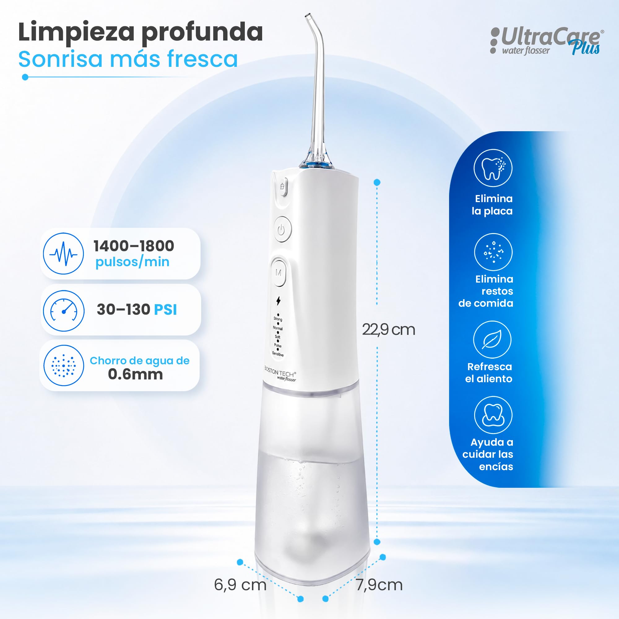 Aquapik Irrigador Dental Portátil, Irrigador Bucal Inalámbrico con 8 Boquillas y 4 Modos, Depósito 300 ml, USB-C Recargable, IPX7, Water Flosser para Brackets, Implantes y Viajes (Blanco)