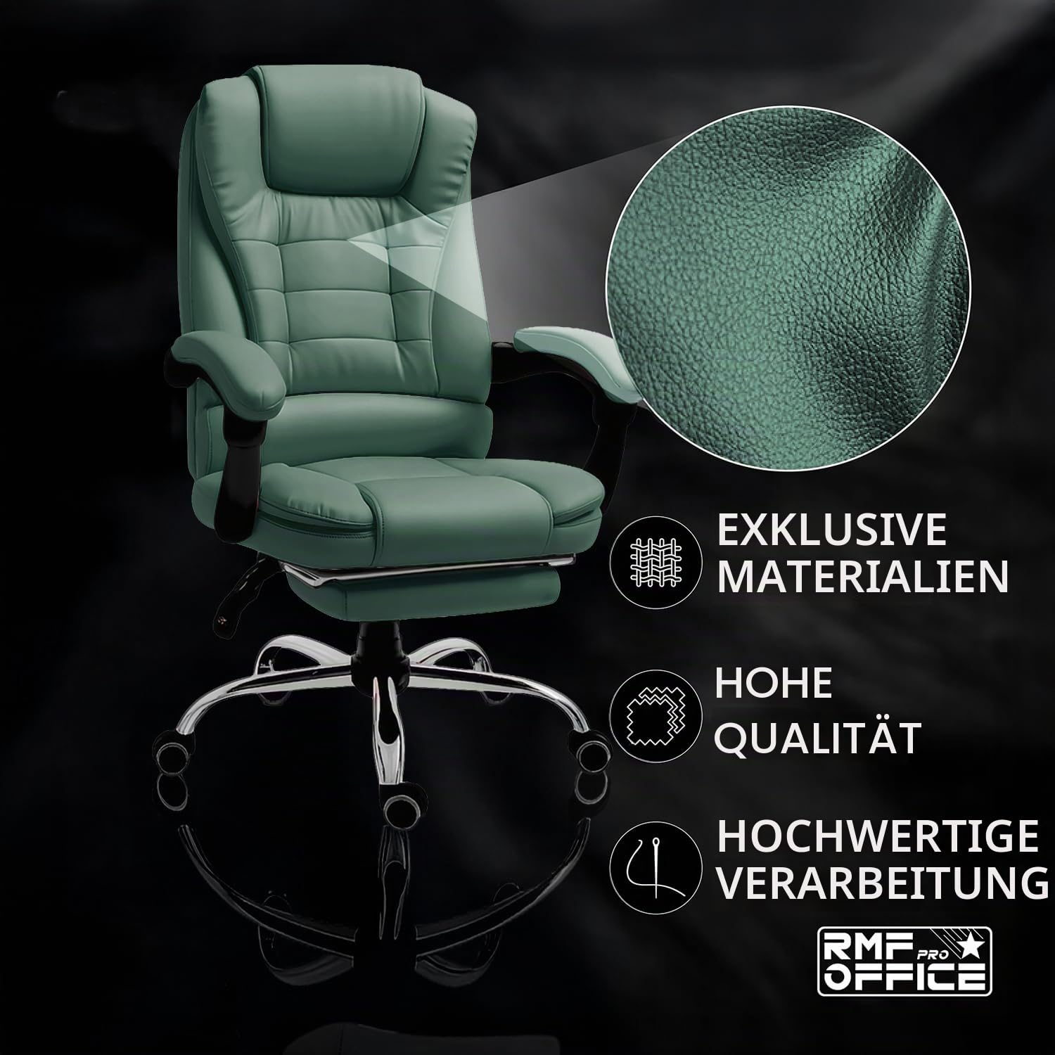 RMF Ergonomischer professioneller klappbarer Bürostuhl, bequemer und entspannender Schreibtischstuhl mit Fußstütze - entspannender Sessel mit drehbaren Rädern, höhenverstellbar grün