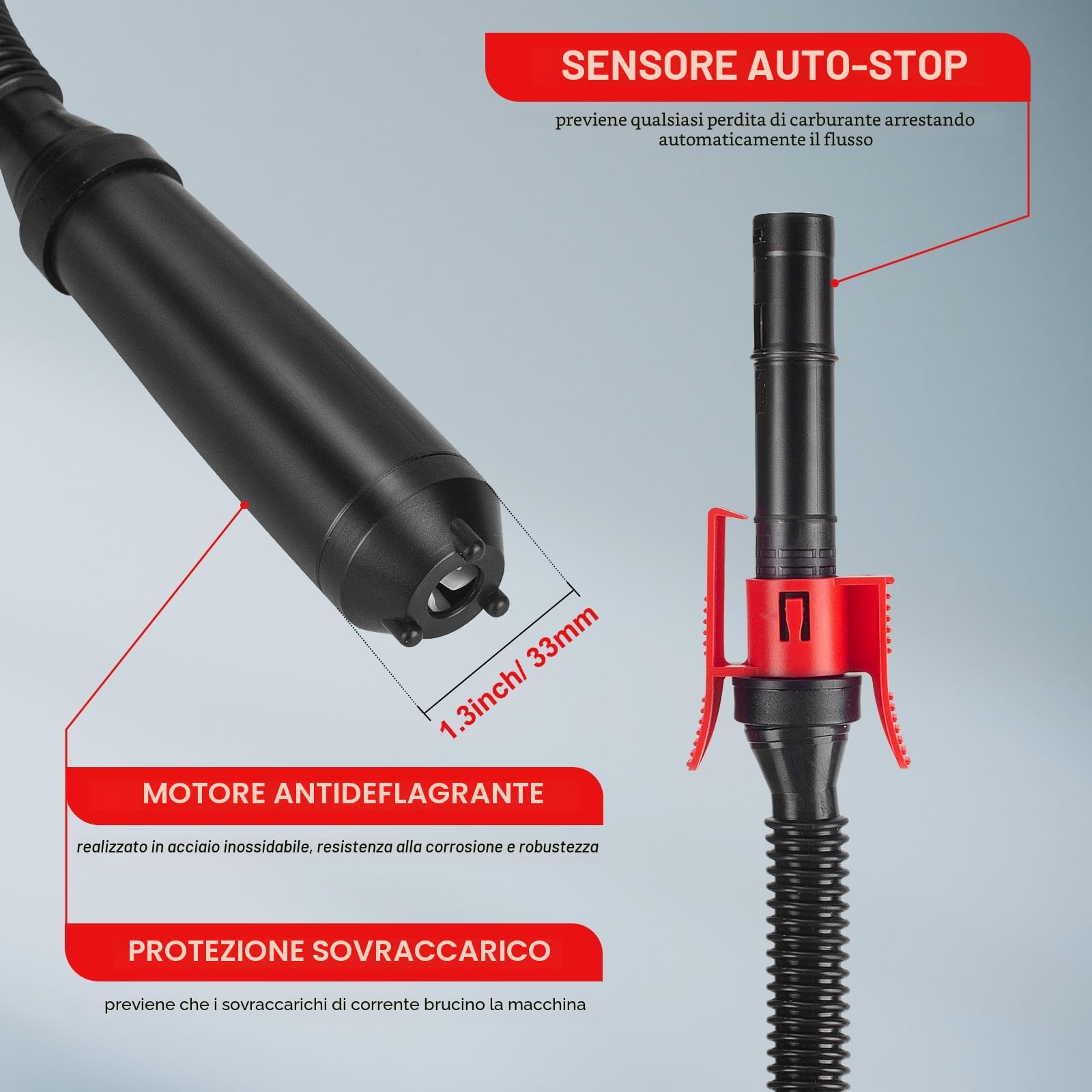 Pompa di Trasferimento del Carburante con Sensore di Arresto Automatico, Pompa Travaso Gasolio Elettrica con Adattatore di 3 Dimensioni-2,4GPM