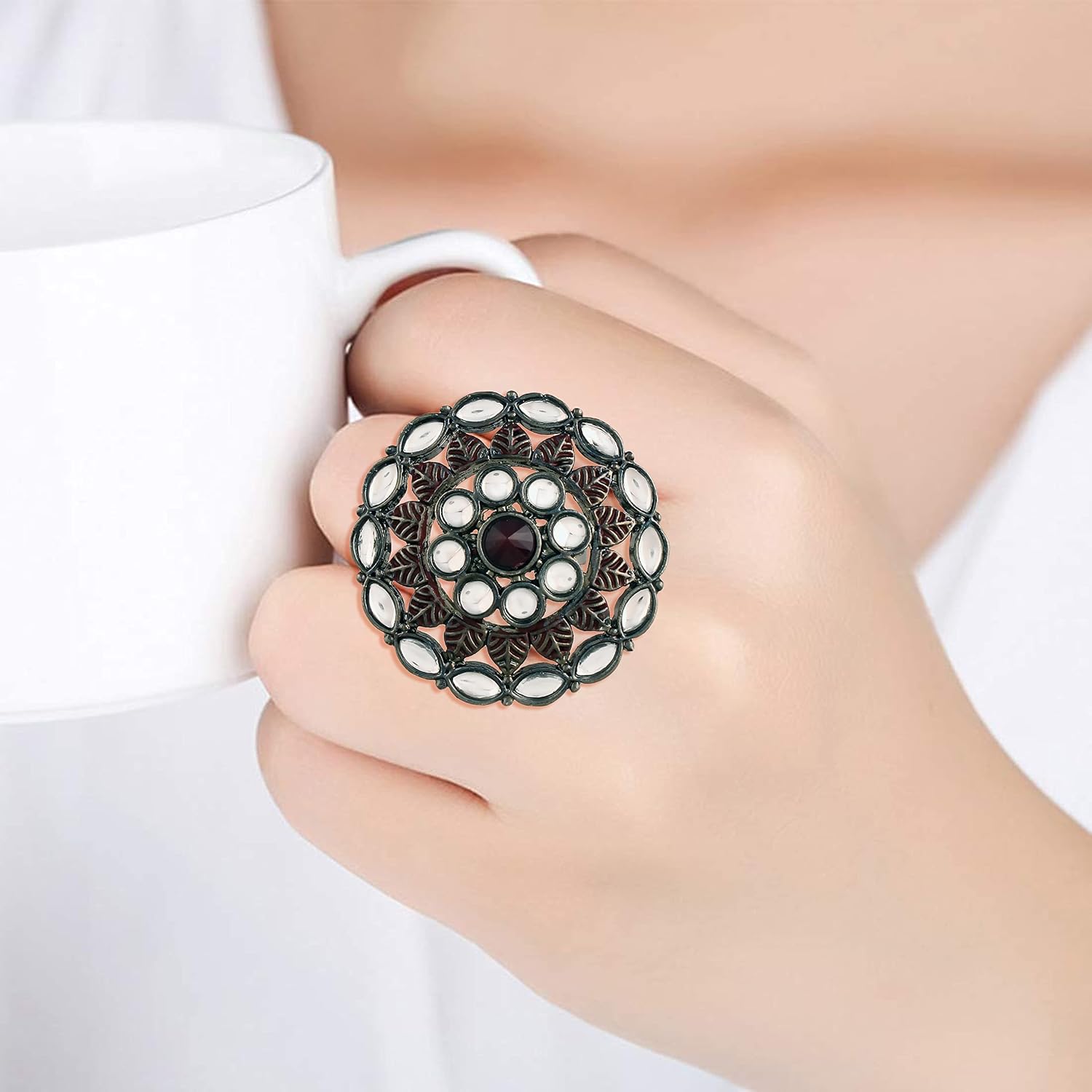 I Jewels Silver Oxidized Indian Wedding Bollywood Kundan Studded Meena Work Designer Adjustable Finger Ring for Women (FL196M)