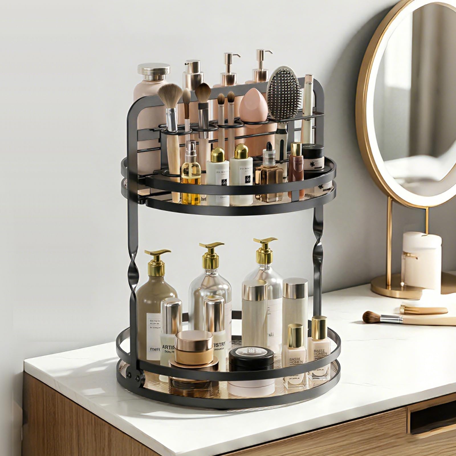 Drehbarer Kosmetikhalter mit zwei Fächern und sichtbarem Pinselständer für Kommode Tisch Schnelle Montage Make-up Ständer