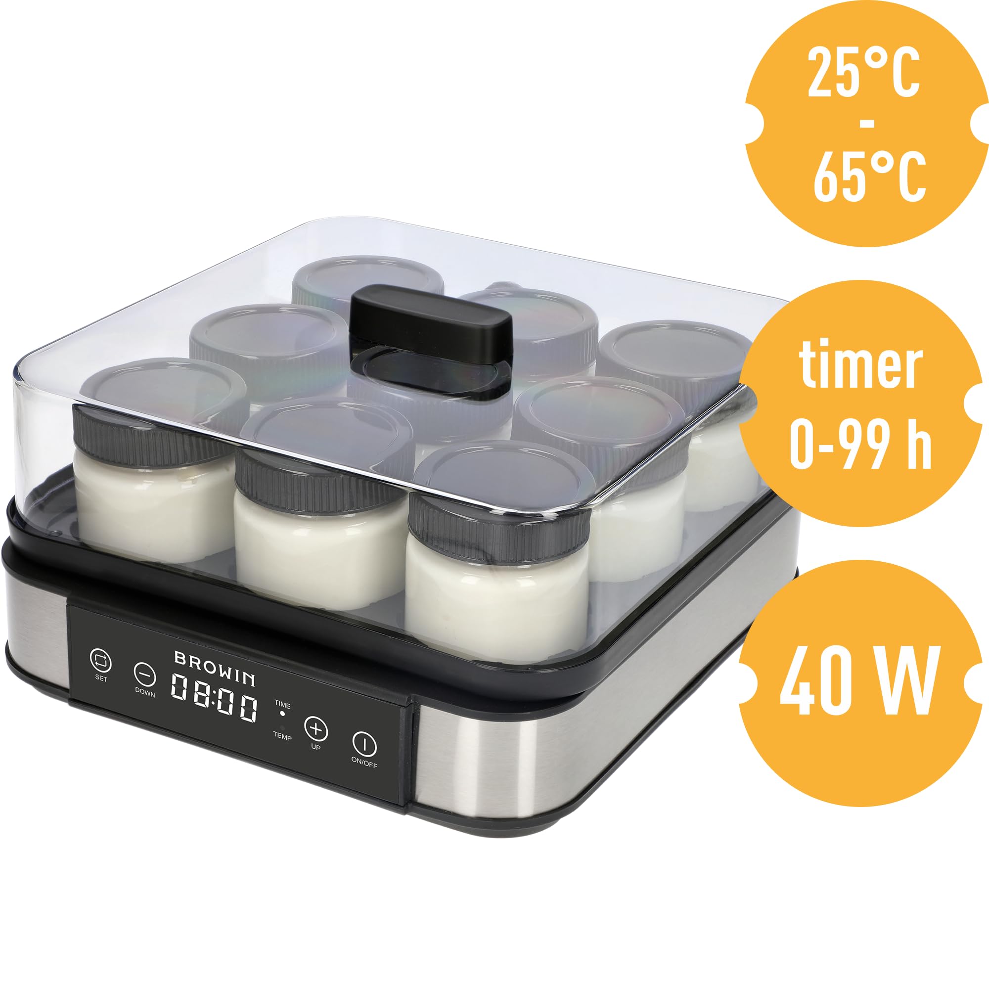 BROWIN Joghurt-Maker mit Thermostat, Joghurtbereiter mit 1,6 l Fassungsvermögen, 9 Gläser, Weiß | Temperaturbereich: 25-65°C | ür selbstgemachten Joghurt, enthält 9 Joghurtgläser mit Deckel