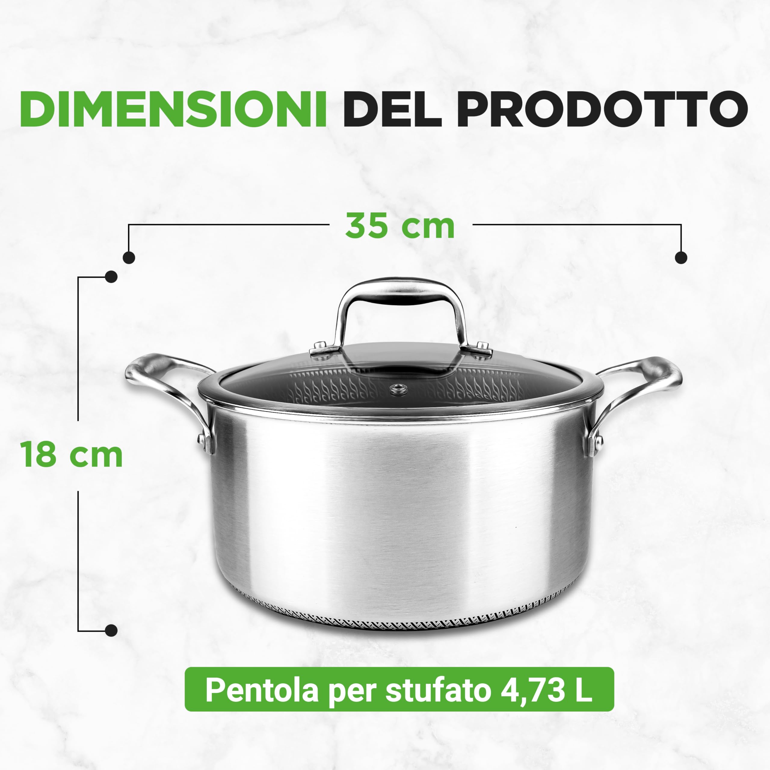 NutriChef Pentola Induzione Acciaio Inox 4,7 Litri con Coperchio in Vetro, Antiaderente Nido d’Ape, Pentola per Pasta, Zuppa e Spezzatino, Resistente ai Graffi