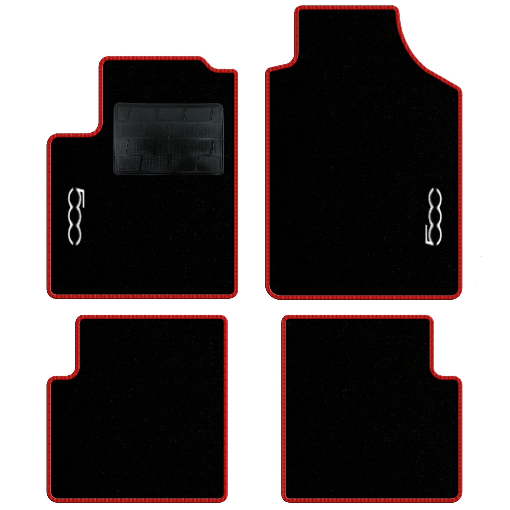 QUEMAR Tappetini Auto compatibili con 500 dal 2007 anche Hybrid/Kit Tappeti in Moquette e Gomma su Misura (Set 2 Anteriori + 2 Posteriori)/ Ricami e Colori Personalizzati (Bordo Rosso, 2 Ricami)