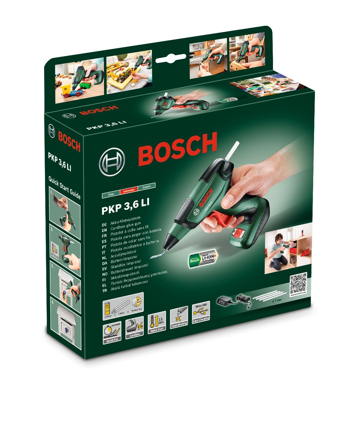 Bosch Akku Klebepistole PKP 3,6 LI (Micro-USB Ladegerät, 4 x Klebesticks Ultra Power 3,6 V)