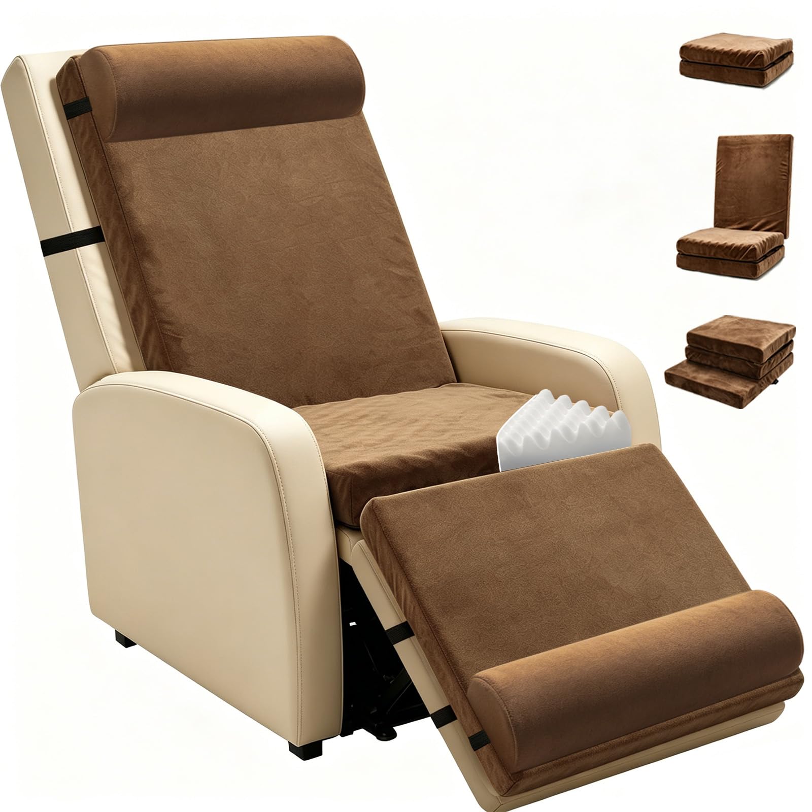 Photo 1 of CRAURU 5-in-1 Recliner Egg Crate Foam Seat Cushion with 27'' High Back,Footrest and 2 Adjustable Half Moon Pillows, Non-Slip Recliner Pads with Velvet Cover for Elderly, Brown