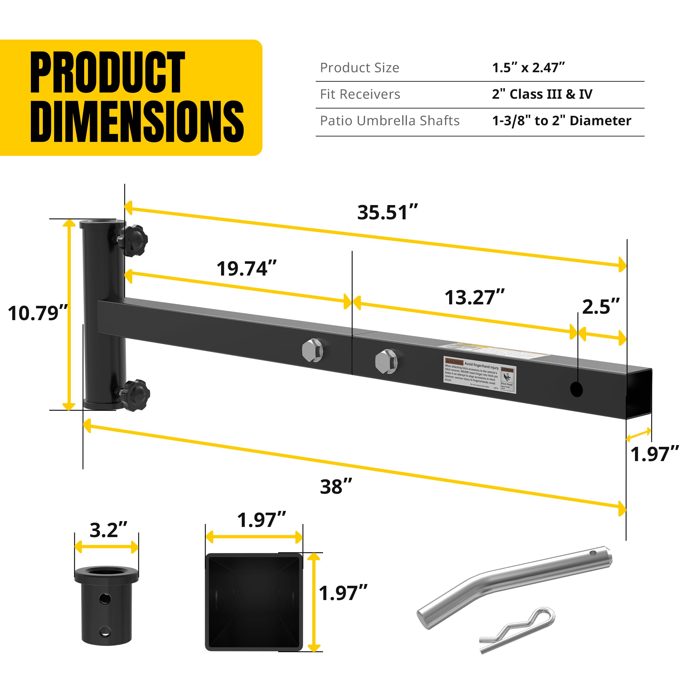 Supporto Per Ombrellone MAXXHAUL 50102 Con Gancio - In Acciaio, Per Ricevitore Da 2" Classe III/IV, Diametro Asta 3.5-5 Cm - 3