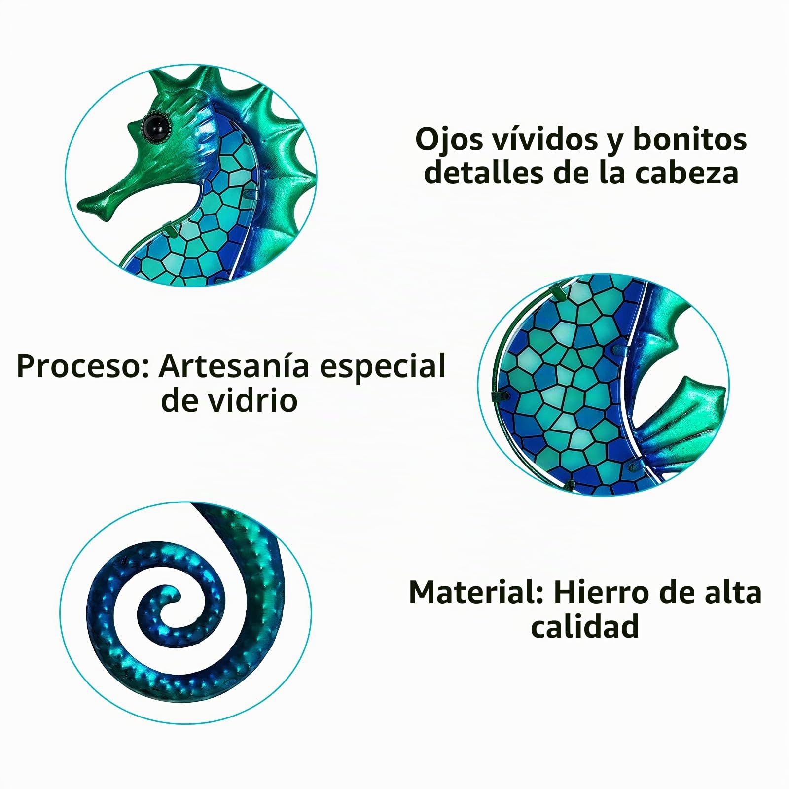 LIFFY Decoración de pared de metal con diseño de caballito de mar con mosaico de cristal, escultura costera, decoración colgante para el hogar, jardín, valla, piscina, playa, baño