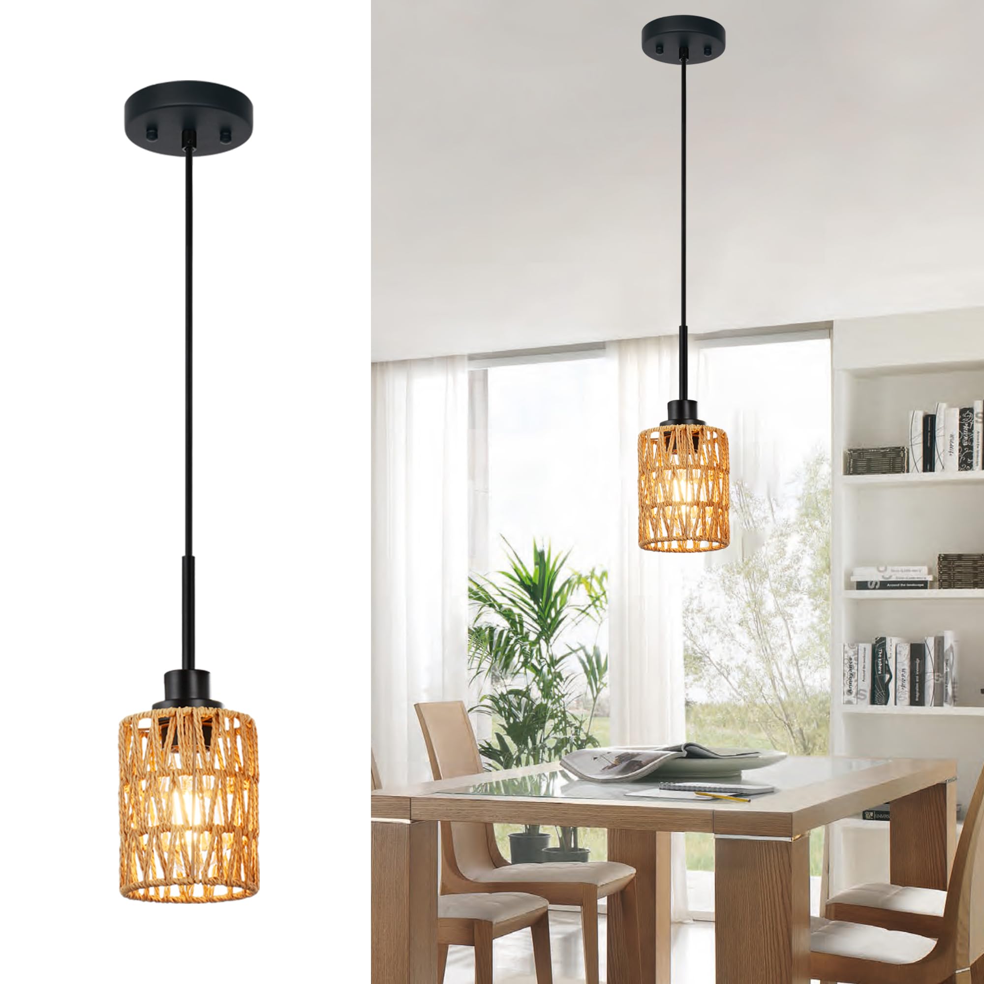 MELUCEE Rattan Pendant Light Black, 1-Light Hand Woven Wicker Hanging Lamp Boho Light Fixture Ceiling Hanging for Kitchen Island Dining Room Stair Bedroom, E26 Socket