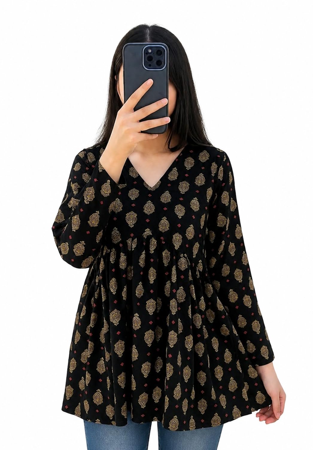 Women Printed Short Kurti Stylish Ethnic Top 3/4 Sleeves Comfortable Daily Outfit Kurta for Jeans & Leggings-picture-17