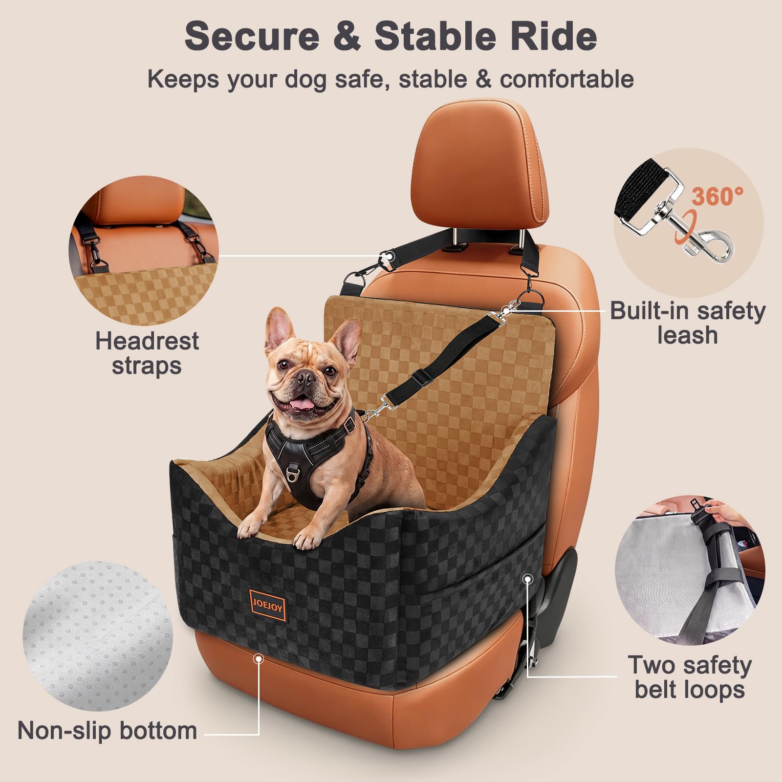 JOEJOY Erhöhter Hundeautositz für kleine/mittelgroße Hunde bis zu 15,9 kg, Memory-Schaum, Haustier-Sitzerhöhung mit abnehmbarem, waschbarem Bezug, tragbares, reisesicheres Bett für Autos mit