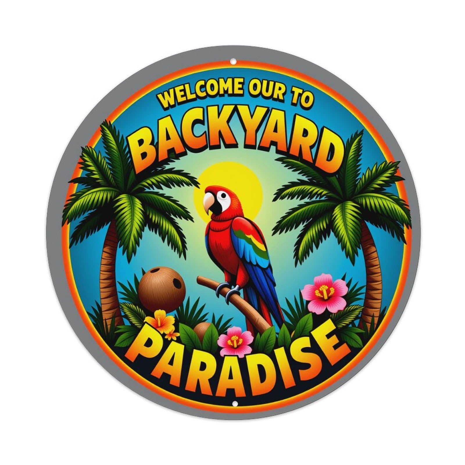 Tropical Parrot Palm Tree Flower Sun Round Tin Sign Vintage Metal Poster Retro Bar, Home, Man Cave, Kitchen, Laundry Room Wall Art Decor Gift 8x8In