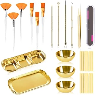 29 Pcs Esthetician Supplies 6 Blackhead Remover Tools 3 Stainless Steel Gold Mixing Bowls 3 Compartment Serving Tray Gold Small Serving Tray 3 Facial Fan Brushes 3 Face Mask Brush 12 Facial Sponges