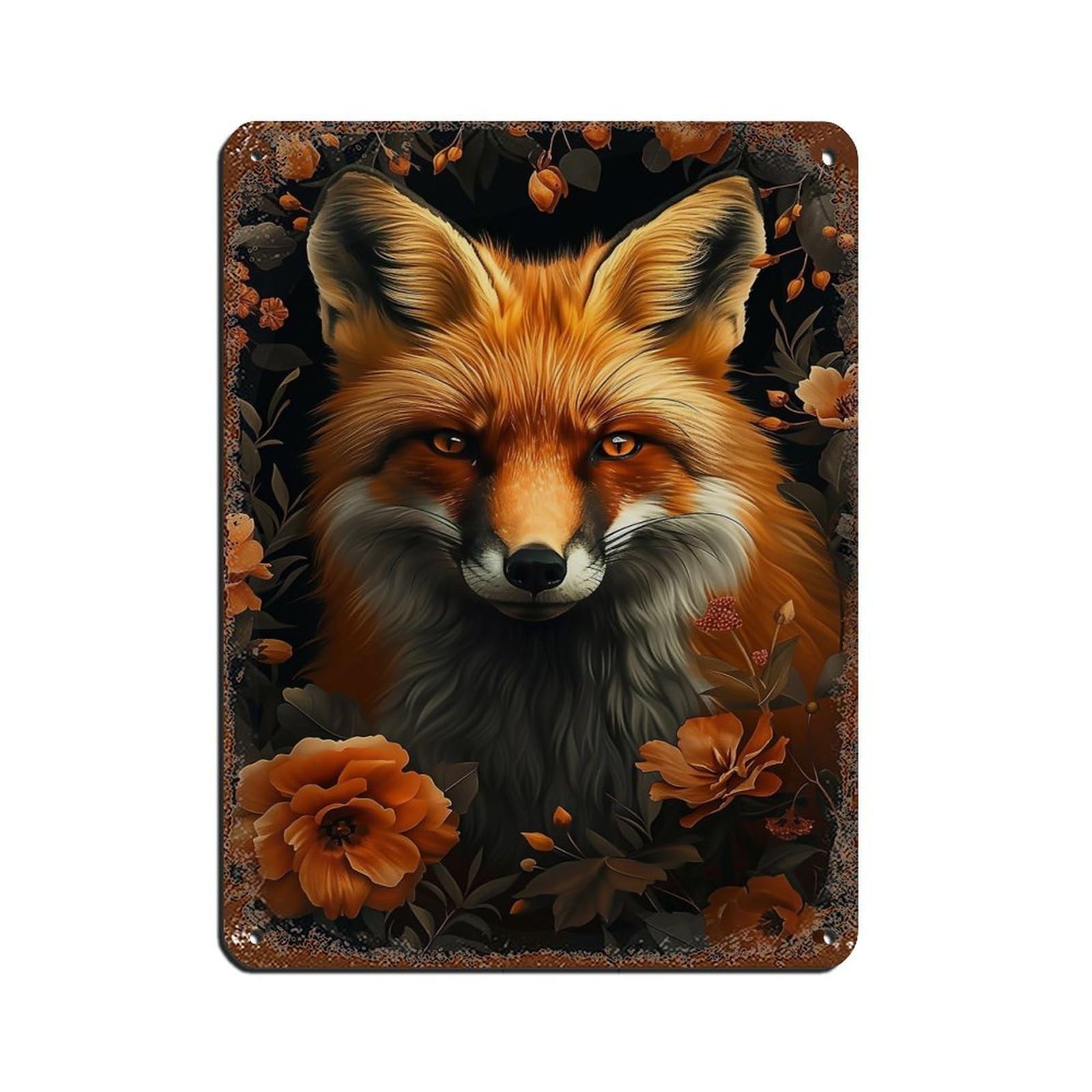 Vintage Floral Fox Poster, Fox Poster Retro Poster Metal Tin Sign Chic Art Retro Iron Painting Bar People Cave Cafe Family Garage Poster Wall Decoration 12x16inch(30x40cm)