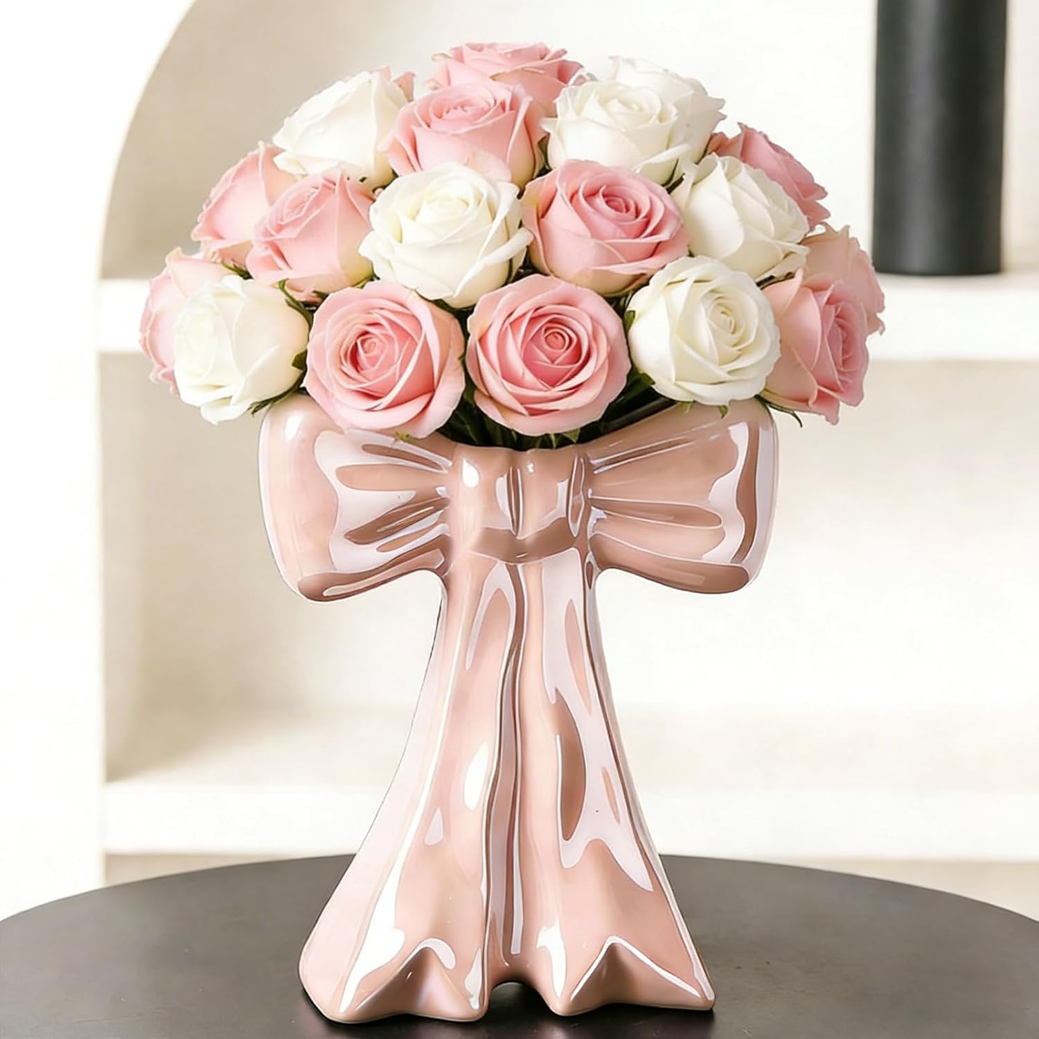 Disoza Bow Vase Pink Vase Ceramic Cute Decorative Flower Tulip Farmhouse Dazzling Modern Home Decor Pampas Grass for Table Bathroom Shelf