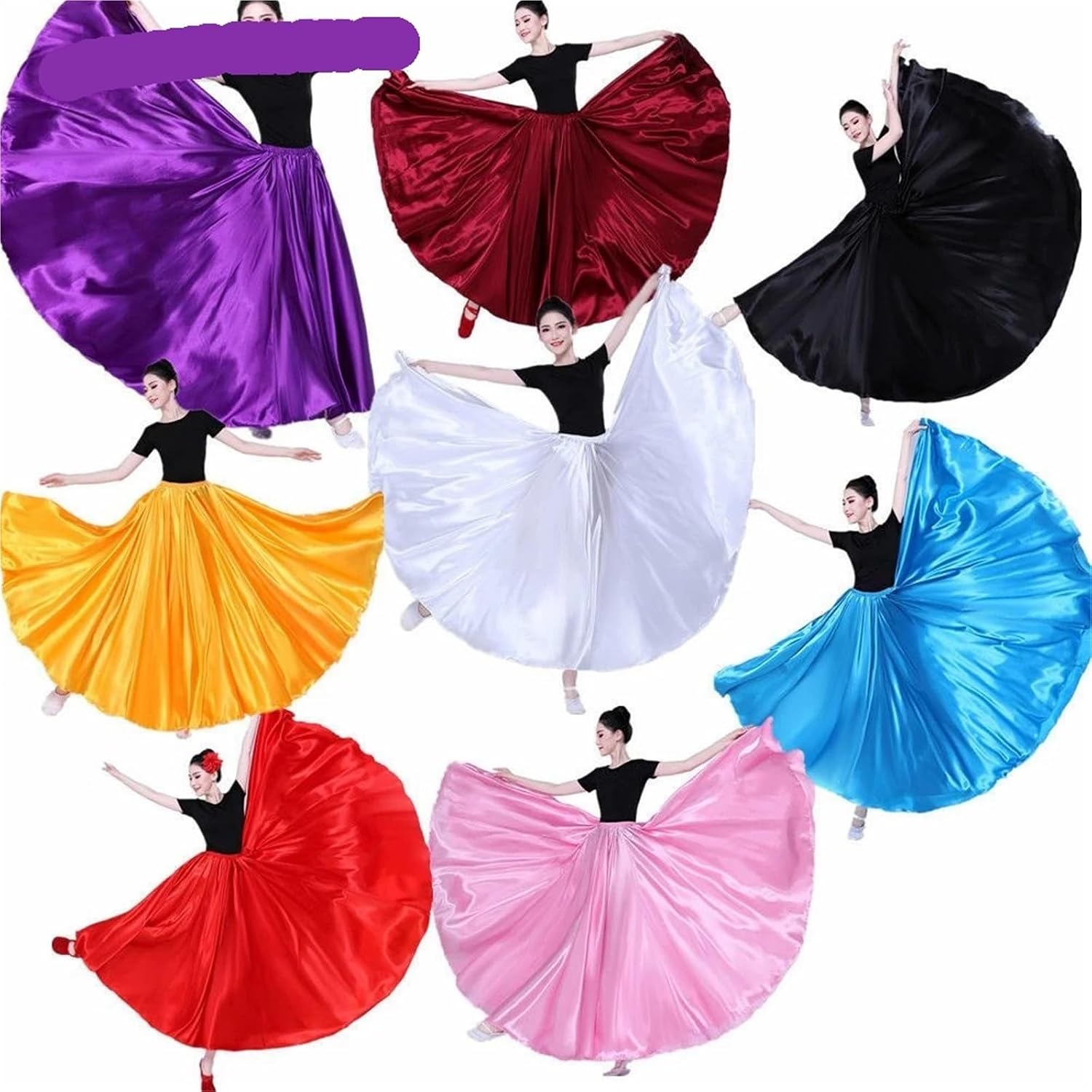 Belly Dance Skirt Women Long Skirts Dancer Solid Color Dance Satin Skirt Dance Performance Costumes(Blue a Skirt,360 Degrees)