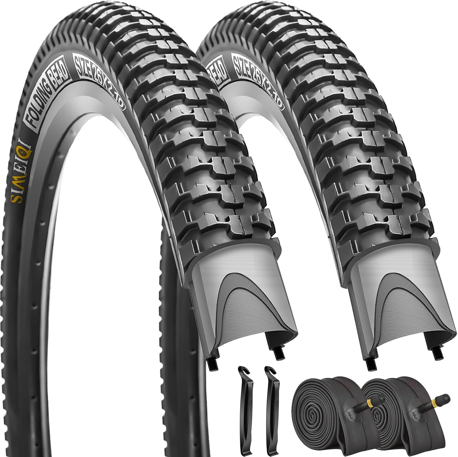 SIMEIQI 2 Pack 26x2.1 / 29x2.125 Bike Tires 3mm Anti-Puncture Layer with or Without 26x1.75/2,125 Inner Tubes for Mountain Trail City Bicycle Folading Replacement Tyres