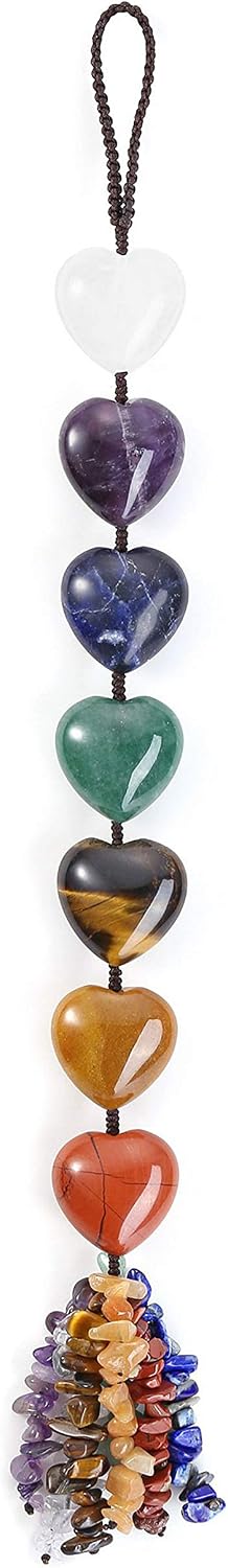 JOVIVI 7 Chakra Reiki Healing Crystals Love Heart Tumbled Gemstones Yoga Hanging Ornaments Tassel Spiritual Meditation Decorations Window Ornament Wall Hanger Home Indoor Decor