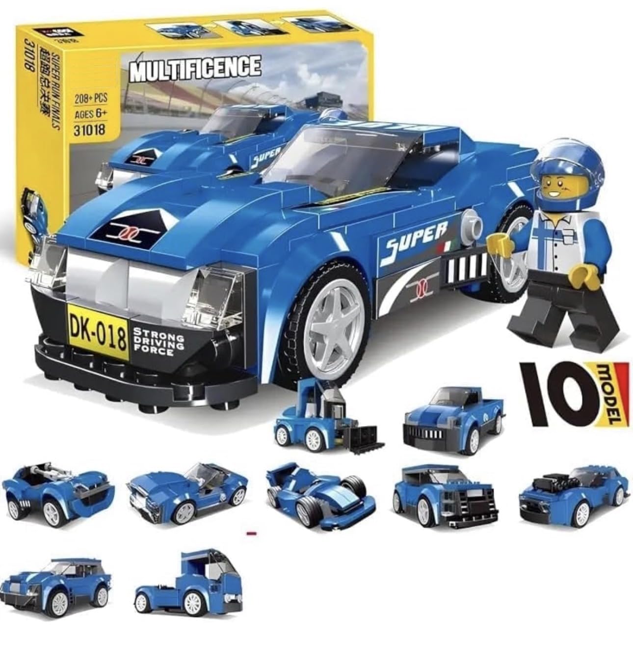 Multificence Constructor Race Car Building Blocks Set, 10 in 1, 208+ Pieces, for Ages 6+, with Minifigure-image-34