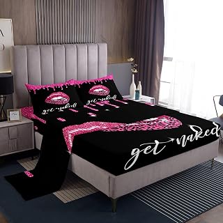 Feelyou Get Naked Sheet Set King Size, Pink Leopard Sexy Lips Bed Sheets Set for Boys Girls Teens Adults Teens Glitter Lips Sheets with Deep Pocket Fitted Sheet Get Naked Bedding Set 4Pcs