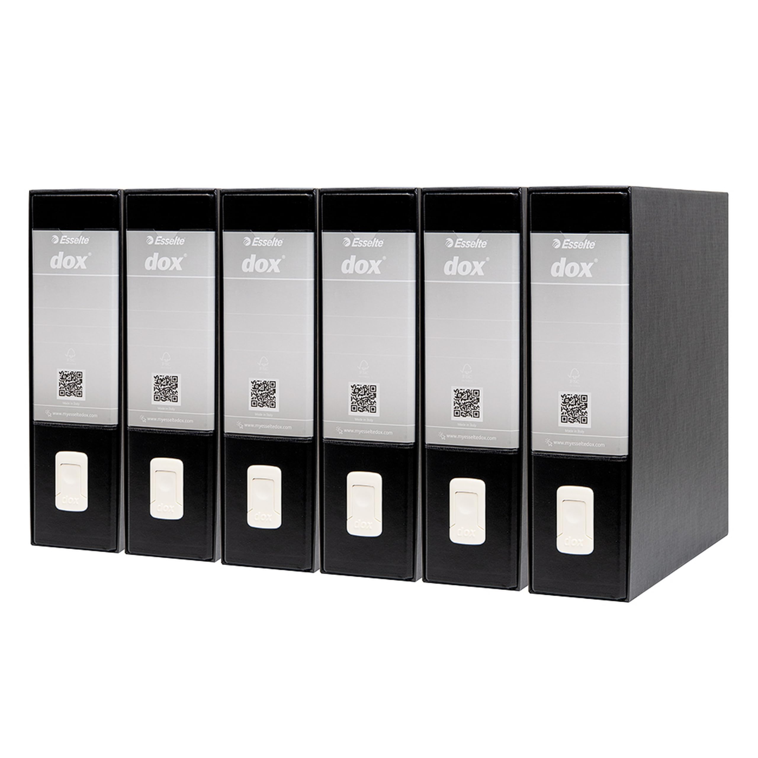 Esselte DOX 1 - 6 Registratori con custodia A4 e meccanismo a leva, Raccoglitori con leva formato Commerciale (23x30cm) con Dorso da 8 cm, Nero, 85 x 315 x 288 mm, Conf.da 6 pezzi, D26110