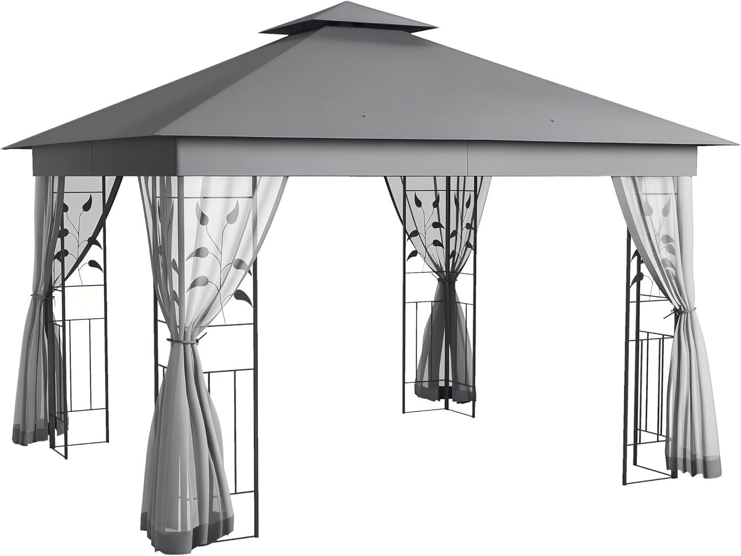 Outsunny 10' x 11.5' Metal Patio Gazebo, Double Roof Outdoor Gazebo Canopy Shelter with Tree Motifs Corner Frame and Netting, for Garden, Lawn, Backyard, and Deck, Gray