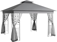 Outsunny 10x11.5 ft Metal Patio Gazebo with Double Roof, Tree Motif Frame & Mesh Netting - Gray Outdoor Canopy Shelter for Garden, Lawn, Deck