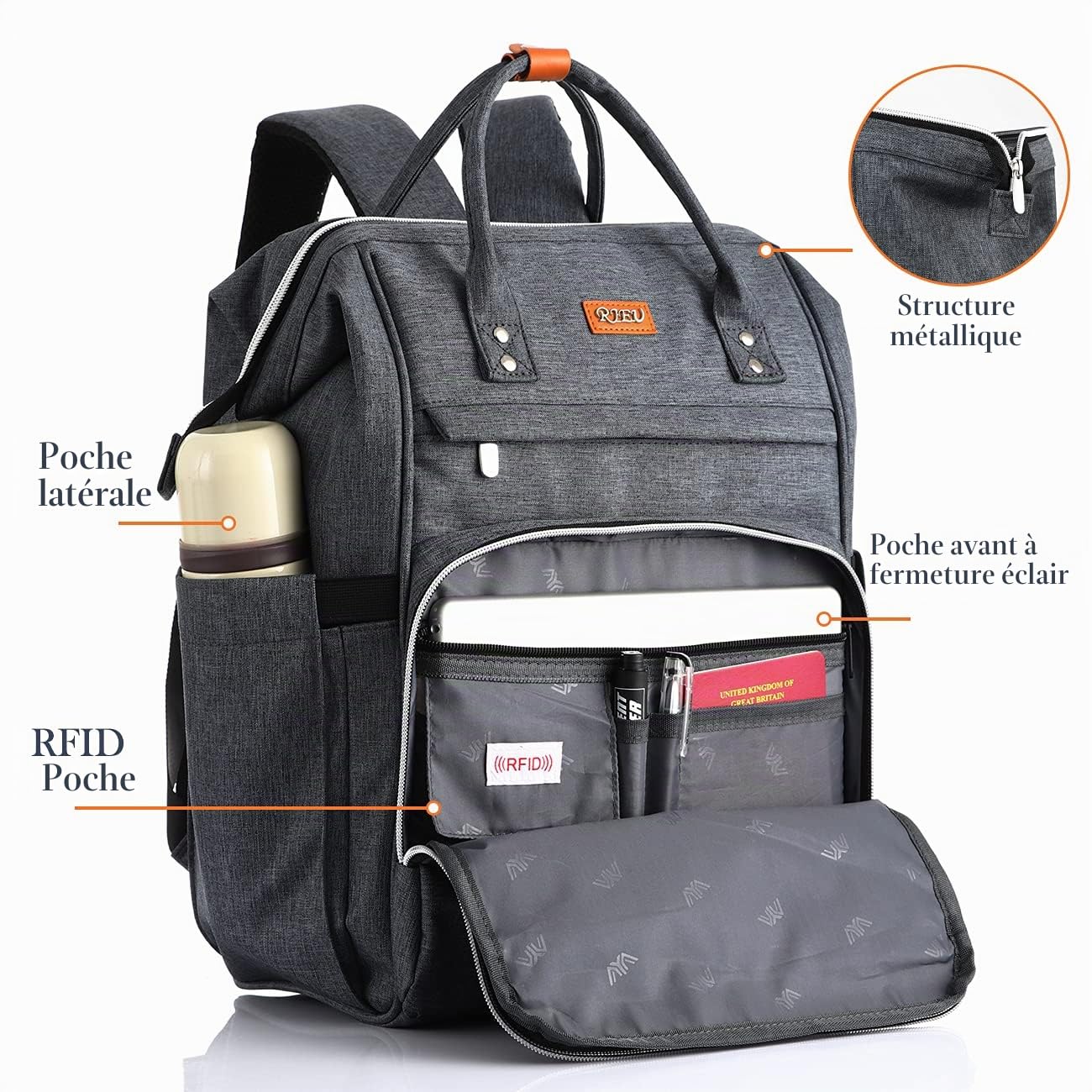 Sac à Dos Ordinateur Portable 15,6 Pouces, Sac à Dos Femme Avec Port de Chargement USB et Poche RFID Pour Collège,école,Travail,Voyage(Gris foncé)