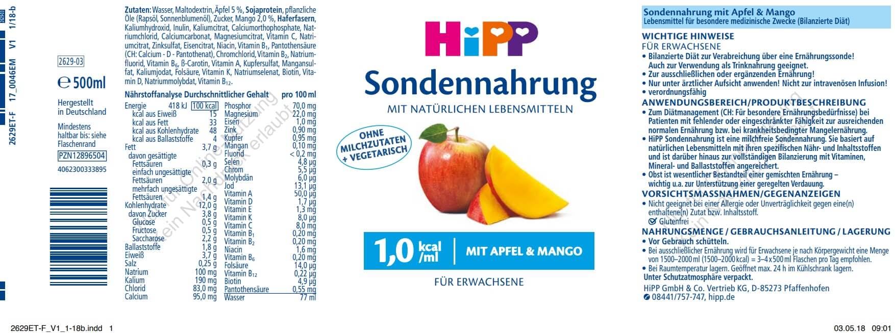 Hipp Sondennahrung normokalorisch 12x500ml, Apfel und Mango (milchfrei)