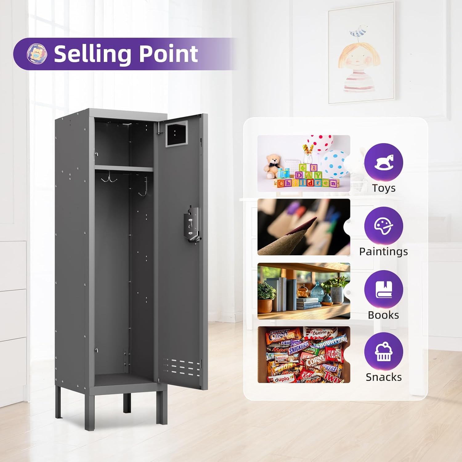 Metal Storage Locker with Lock & Card Slot Locker - Secure Lockable Door - Steel Locker for School, Office, Gym, Home - 54" H x 15" W x 15" D（1 Door, Grey）