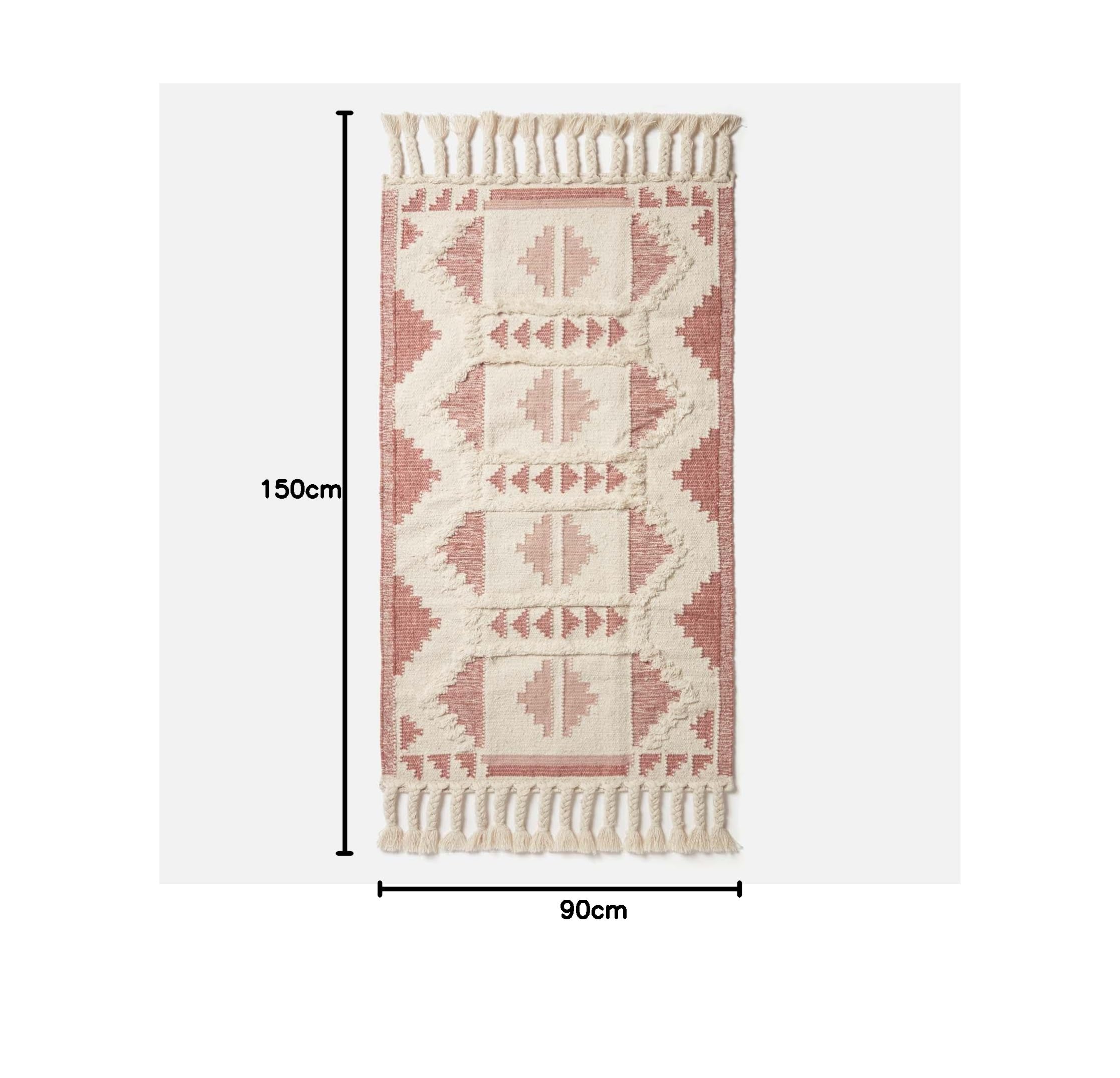 HOMESCAPES Tappeto Kilim intrecciato a mano rosa e naturale, 90 x 150 cm, in lana e cotone, tappeto per soggiorno "Satara" con motivo geometrico tradizionale trapuntato e nappe