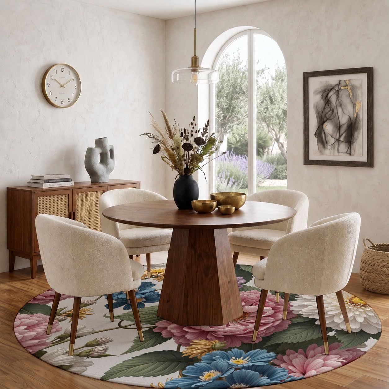 Tappeto rotondo Bouquet Peonie per soggiorno,lavabile in lavatrice,antiscivolo, a pelo basso e non perde pelo,Giardino Stile Classico Dipinto Olio per soggiorno,camera da letto,salotto,Ø 120 cm, Rosa