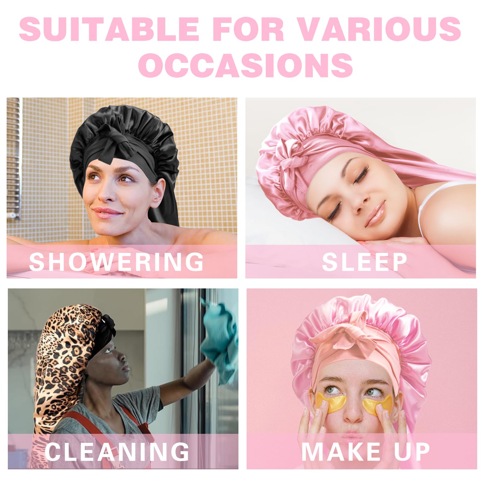 3 x Hauben für schwarze Frauen, große lange Satinhaube zum Schlafen, schwarze Seidenhaube mit dehnbarem Bindeband, Schlafhaube für langes lockiges Haar (Schwarz & Rosa & Leopard), Schwarz, Rosa und